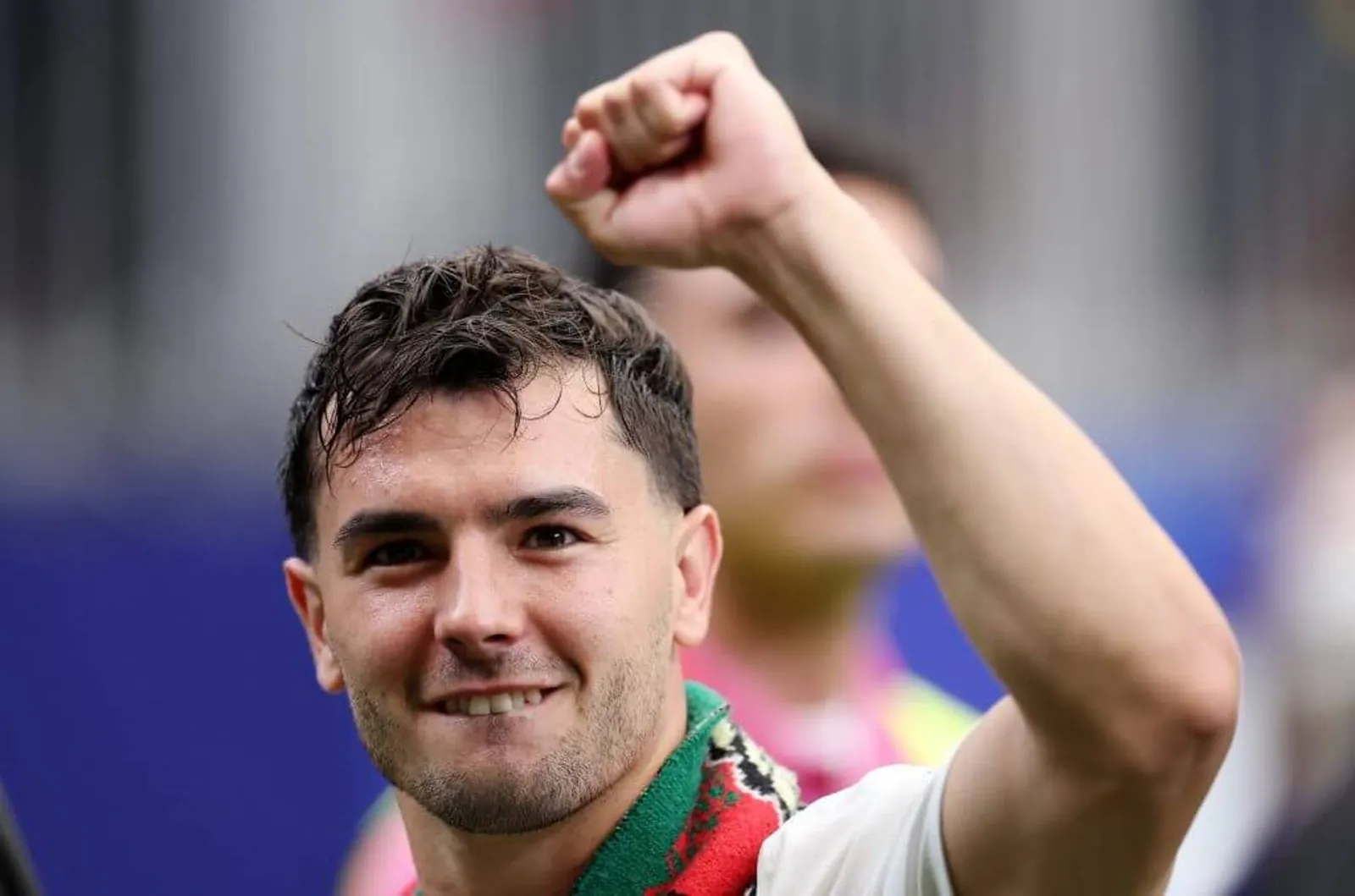 Brahim Diaz celebrates with a raised fist after Morocco's victory over Canada in the World Cup's round of 16