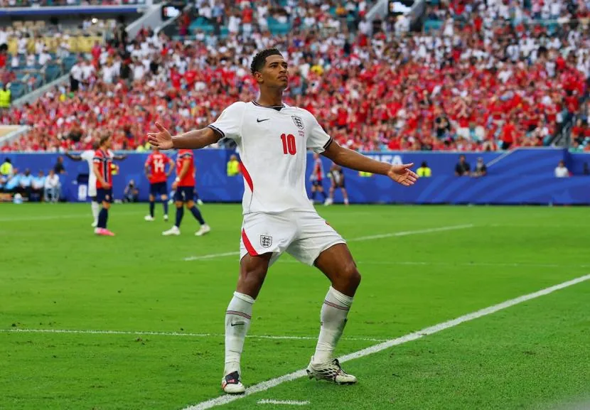 Jude Bellingham celebrates scoring England's second goal.