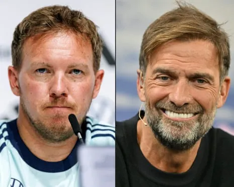 Julian Nagelsmann, left, lasted three years as Germany’s head coach and is now set to be replaced by Jürgen Klopp, whose last such job came at Liverpool in 2024
